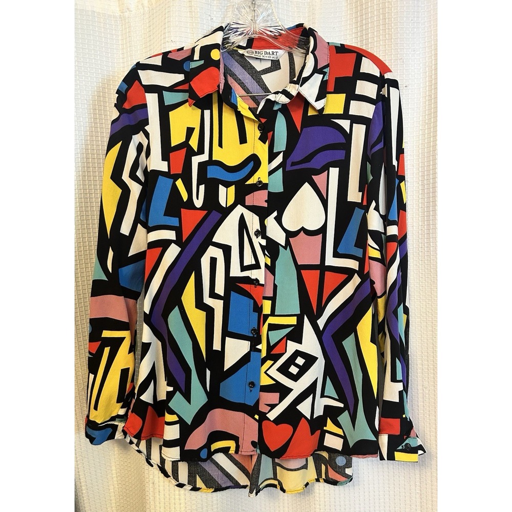 VTG Big Dart Geometric Pop Art Print Blouse Shirt Women EU 42 US 8 Colorful
